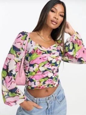 Abercrombie & Fitch Floral Ruched Long Sleeve Crop Top Pink Green Small